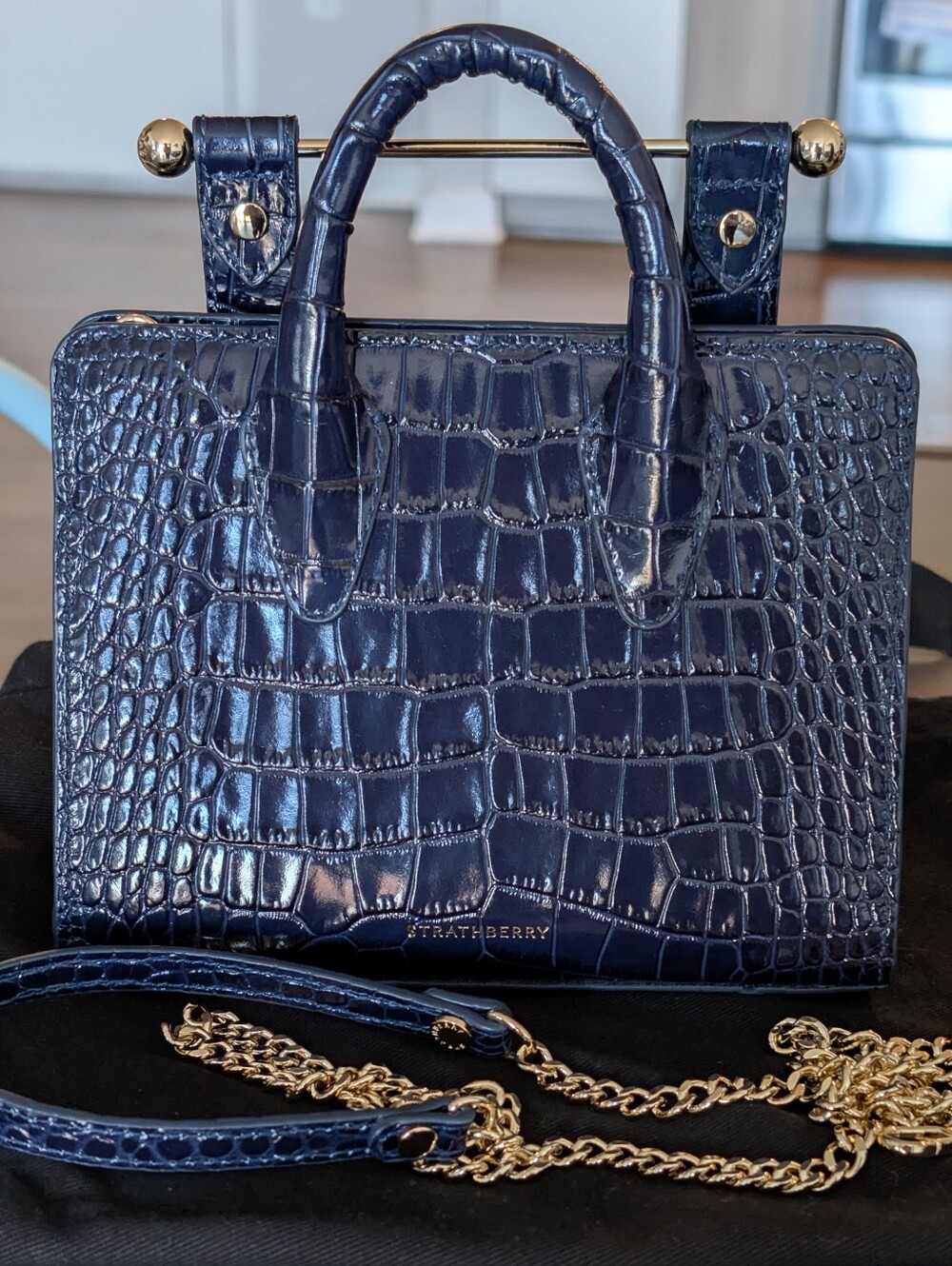 Strathberry Navy Croc-Embossed Nano Tote